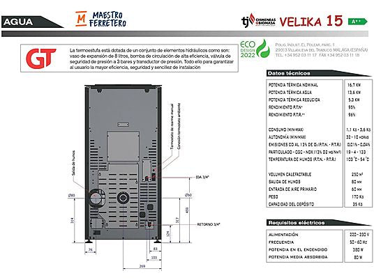 Hidroestufa de Pellets - TJ CALEFACION VELIKA, 15 kW , Negro