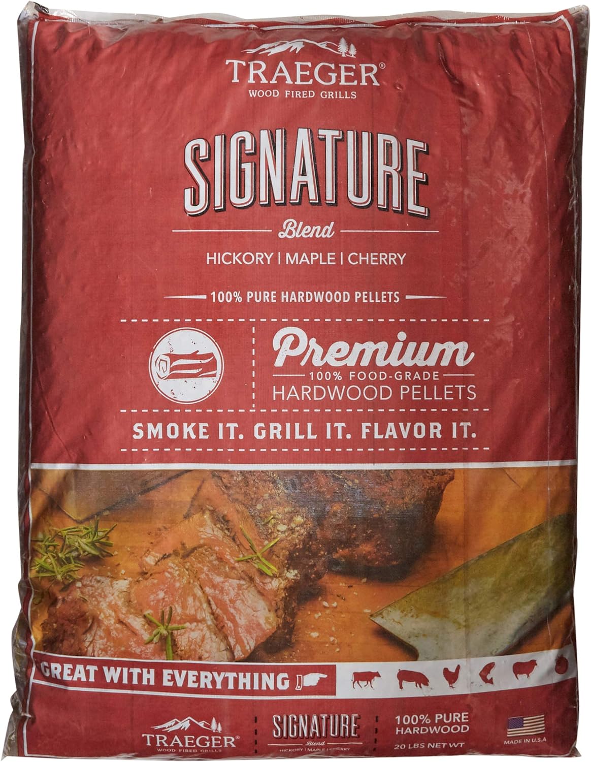 Traeger Grills PEL331 Signature Blend – Pellets de madera dura 100 % natural, para parrilla, ahumar, hornear, asar, estofar y barbacoa (bolsa de 20 libras) y pellets de parrilla de madera dura 100 % natural PEL319 de nogal